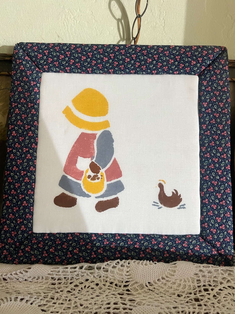 Handmade Sunbonnet Girl Fabric Wall Art - Yellow, Blue, Pink